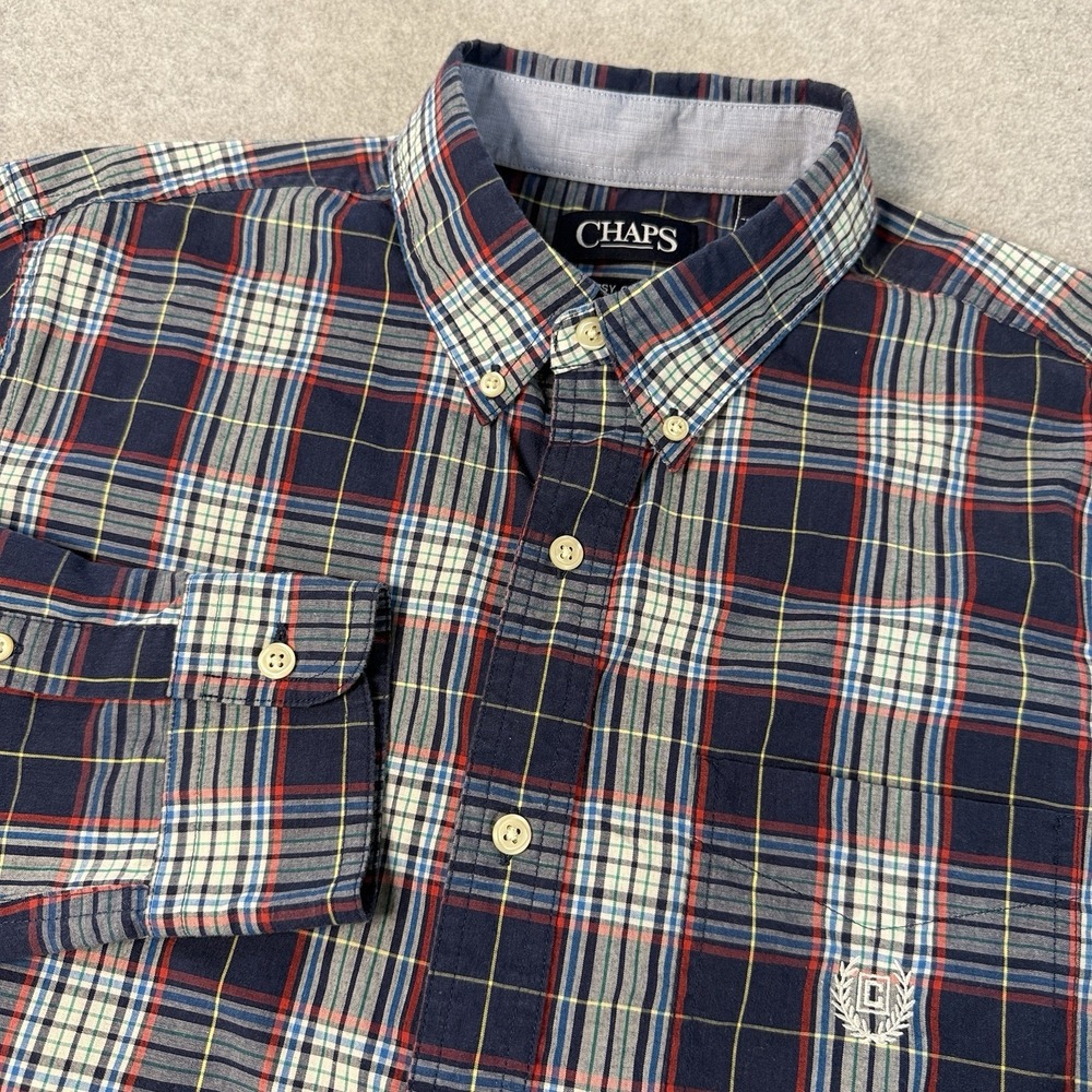 Chaps Easy Care Plaid Button Down Shirt‎ Men's Medium Navy Red Long Sleeve